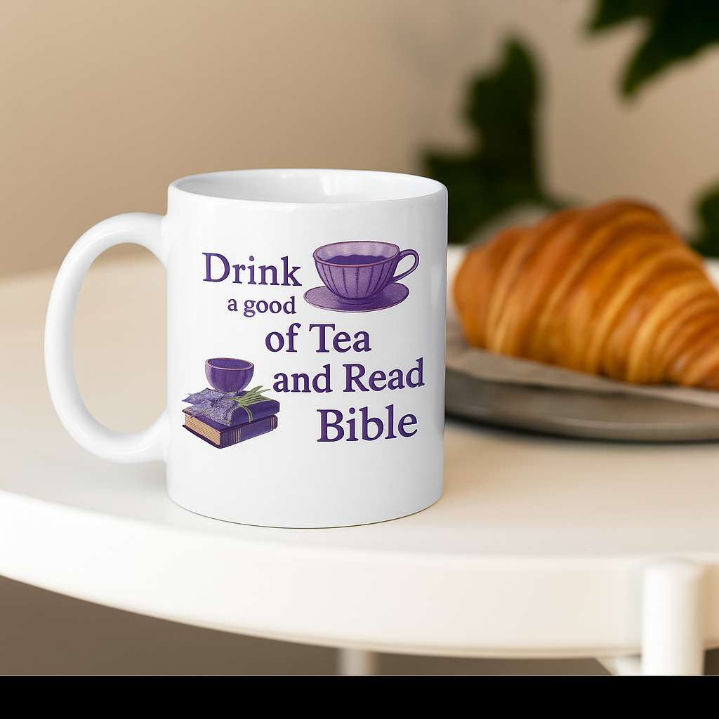 “Drink Tea &amp; Read the Bible” Mug – QLKC Edition