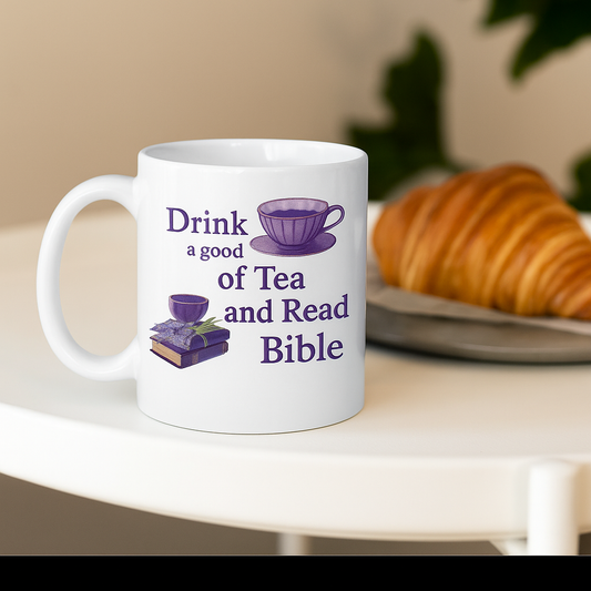 “Drink Tea &amp; Read the Bible” Mug – QLKC Edition